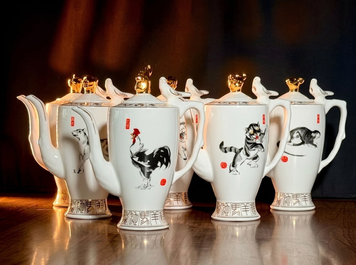 The Singing Bird Luxury Porcelain Sake Set - 9 piece collection with real gold accents