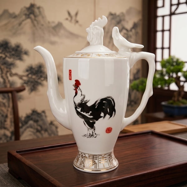 Chicken Zodiac Sake Set with real gold sculpted horse head